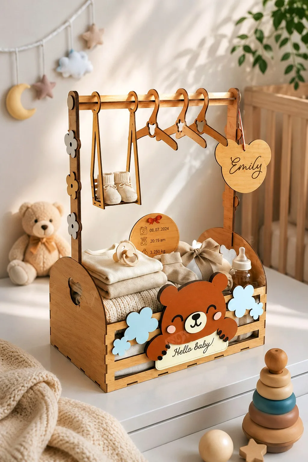 Baby Crate With Hangers and a Name Tag — SVG laser cut file