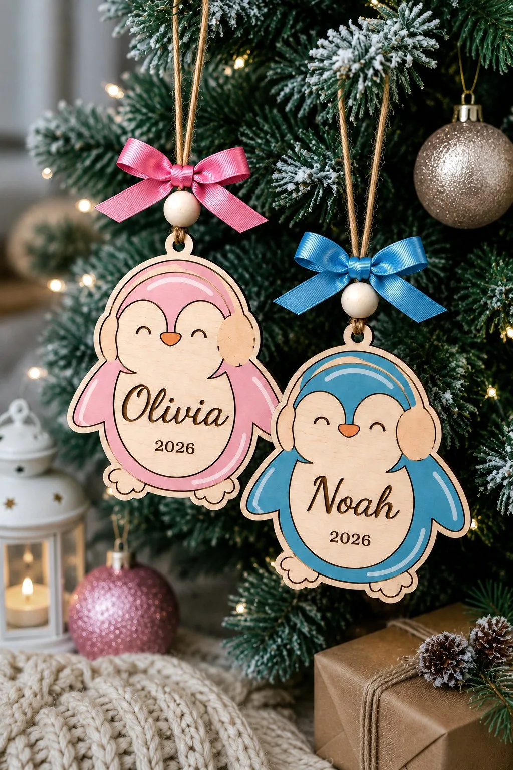 Two layered wooden penguin ornaments, one in pale blue and one in pink, each with a name and year on the belly, free personalized laser cut SVG from svgdiy.com