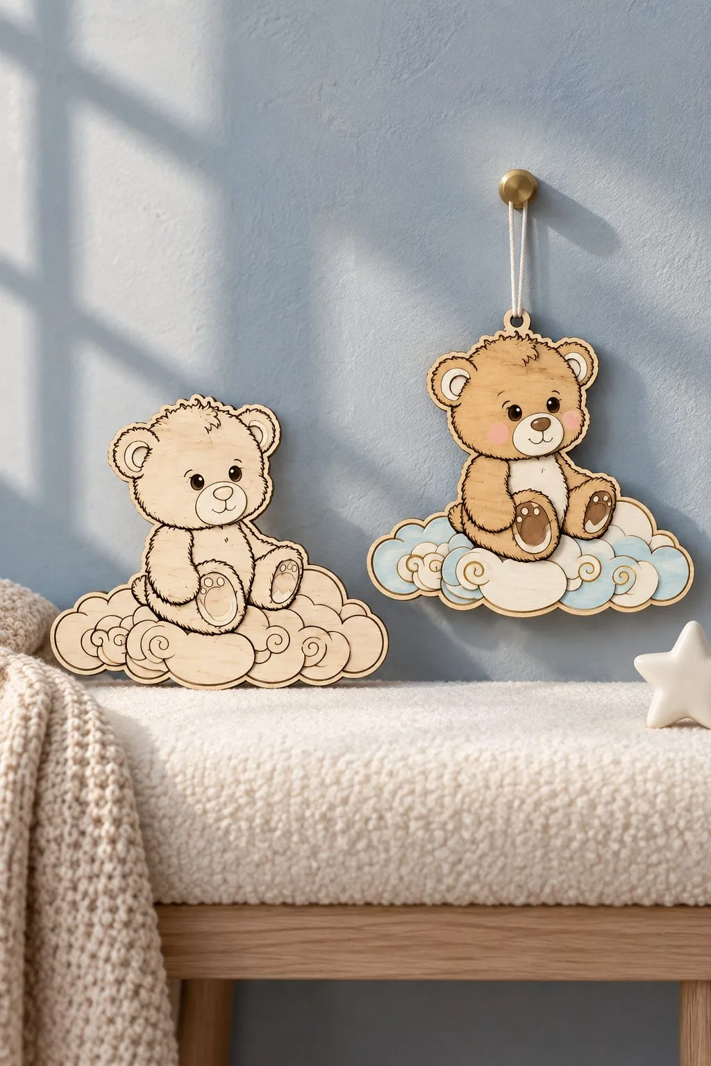 The bear on a cloud shown engraved in plain wood and finished, hanging side by side, free laser cut SVG from svgdiy.com