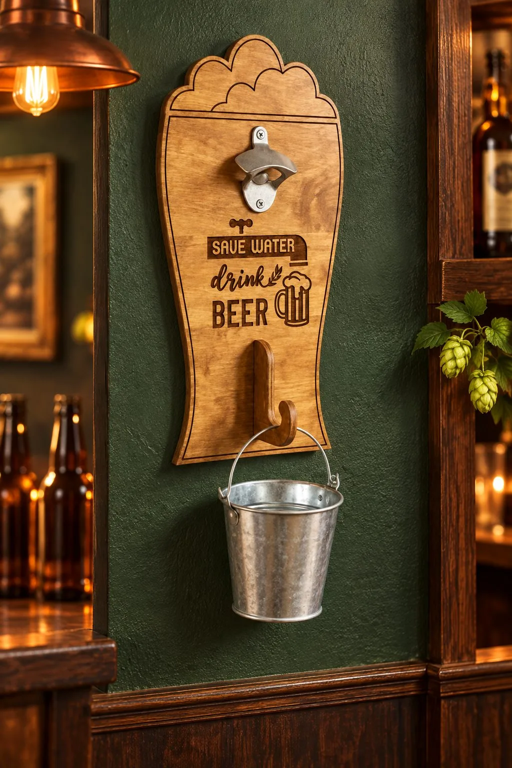 Laser cut wall bottle opener shaped like a beer glass with foam, engraved Save water drink beer, with a metal opener and a bucket for caps on a hook, on a green bar wall, free download link at svgdiy.com
