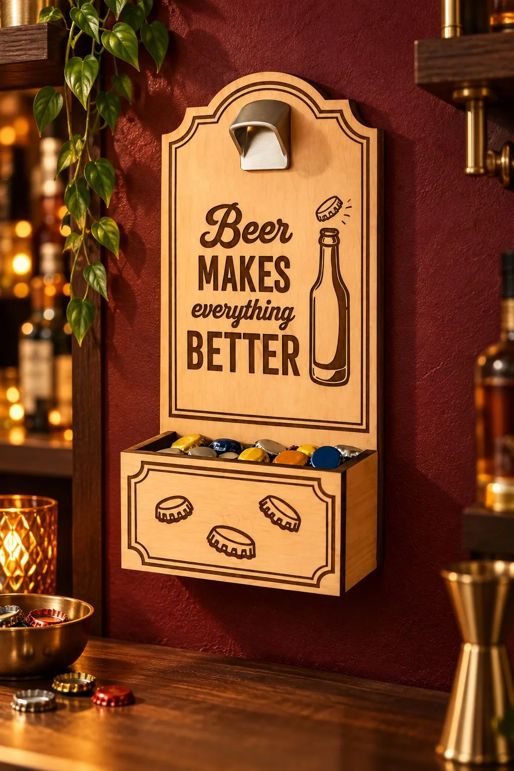 Laser cut wall bottle opener engraved Beer makes everything better with a bottle, and a box for caps below, on a dark red wall of a home bar, free download link at svgdiy.com