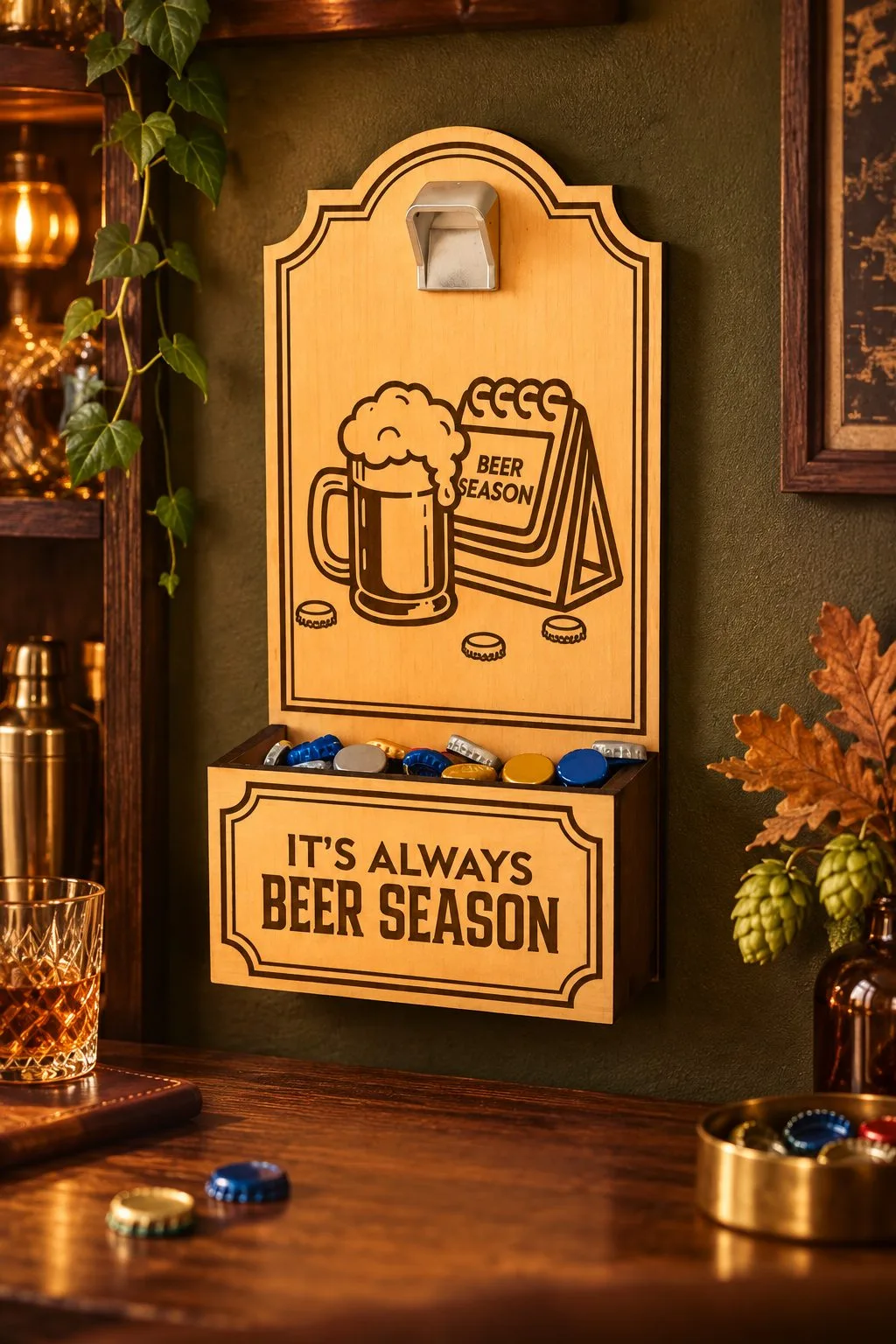 Laser cut wall bottle opener with a beer mug and a Beer Season calendar, and a cap box engraved It's always beer season, on a green wall, free download link at svgdiy.com