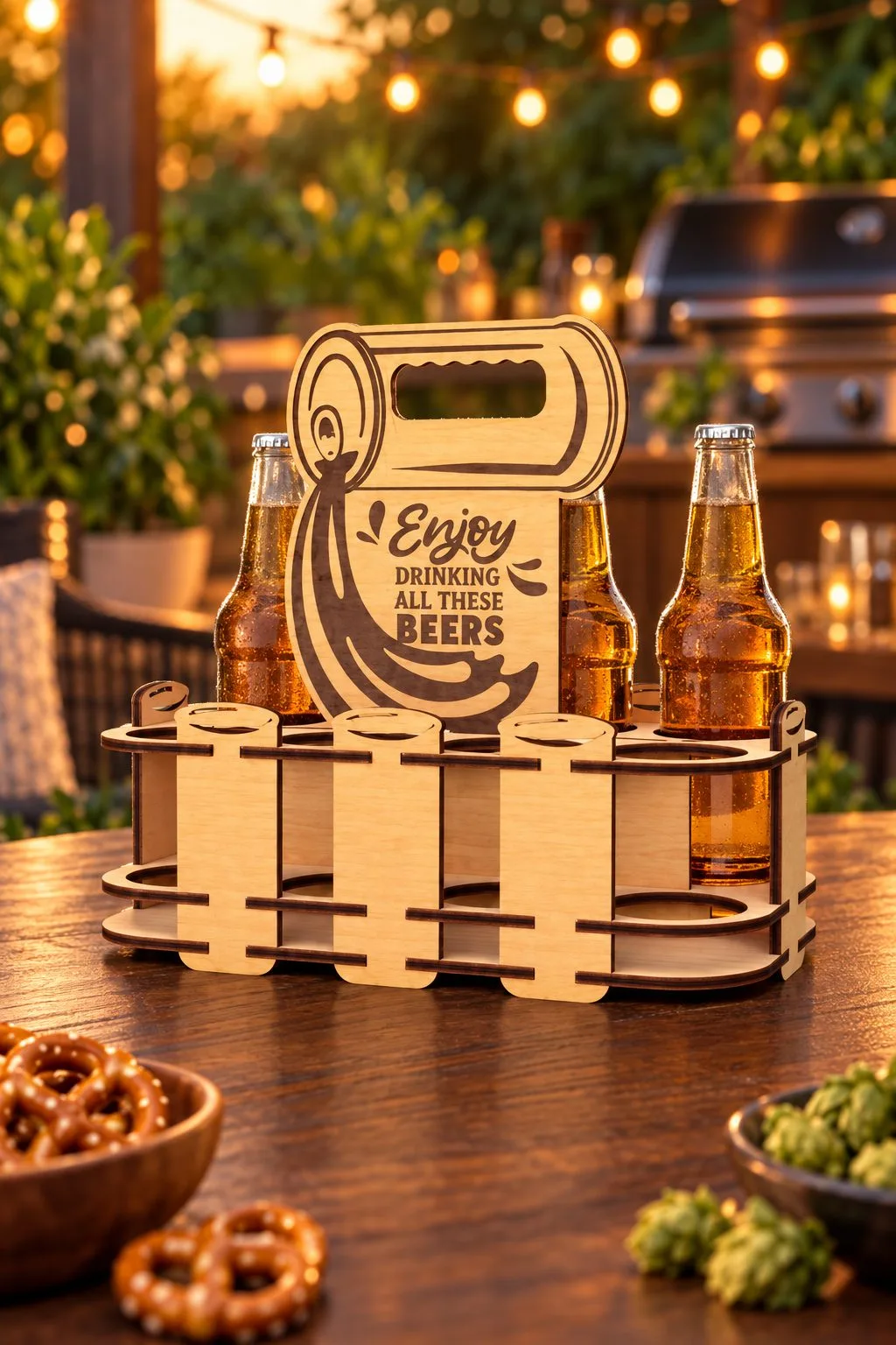 Laser cut beer basket with a centre panel shaped like a tipping mug engraved Enjoy drinking all these beers, holding amber bottles on an outdoor table with pretzels, free download link at svgdiy.com