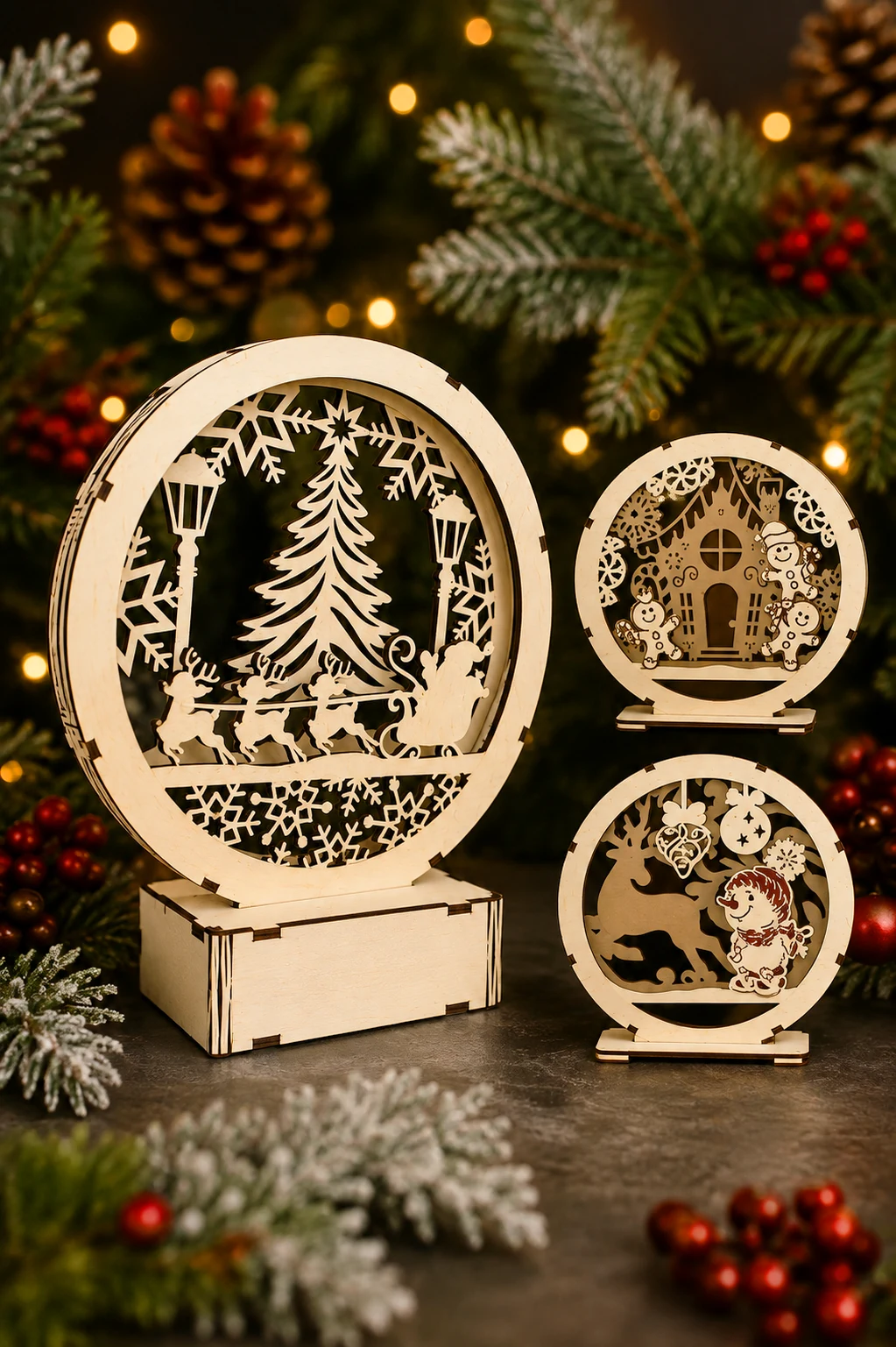 Three round layered Christmas scenes in bare plywood, a large one with a tree and reindeer and two small ones with a gingerbread house and animals, on box stands, free laser cut SVG from svgdiy.com