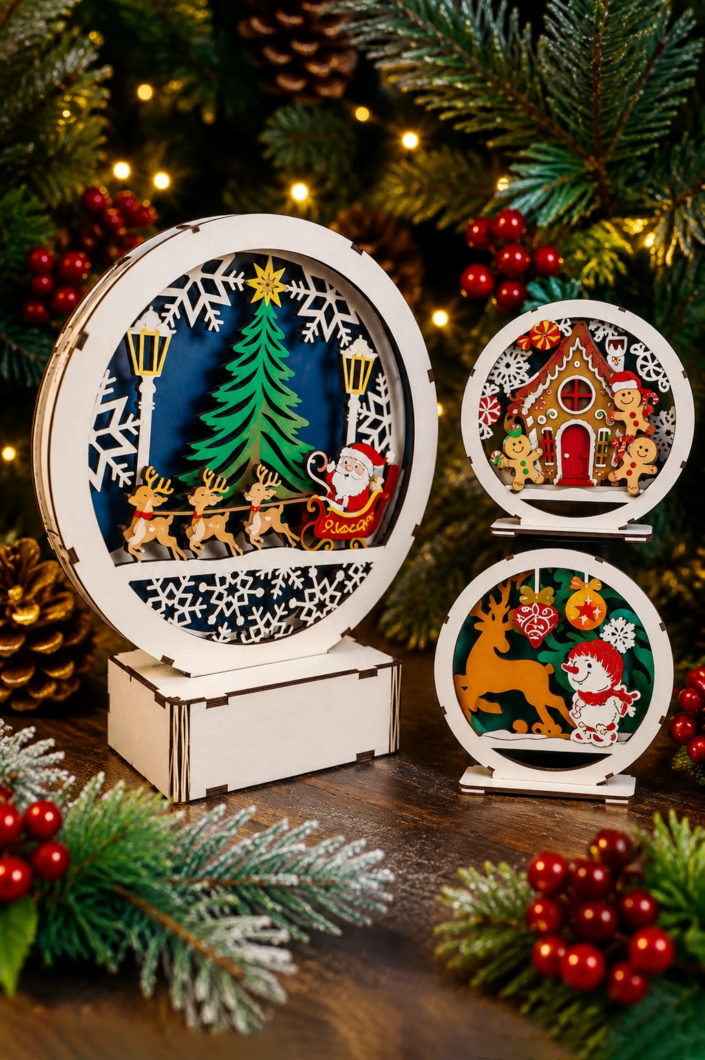 The same three round Christmas scenes painted, with a green tree, Santa on his sleigh, a gingerbread house, a reindeer and a snowman, free laser cut SVG from svgdiy.com