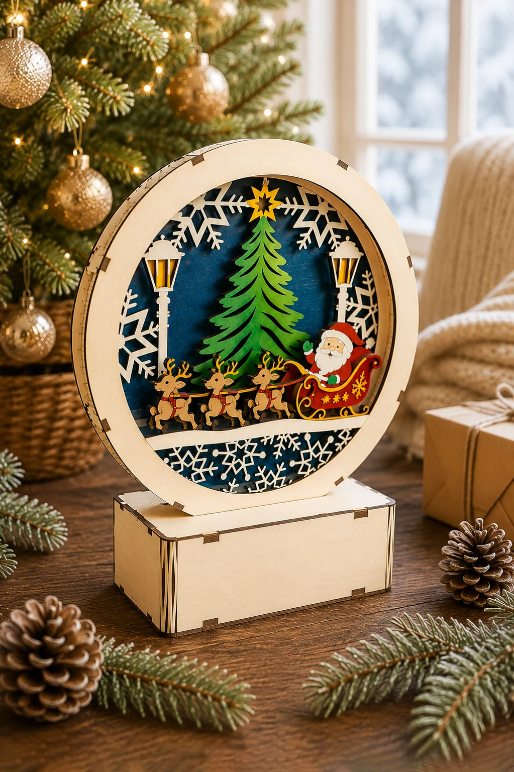 Large painted round Christmas scene with a tree, Santa on his sleigh and reindeer under a snowflake arch, standing in a wooden box base, free laser cut SVG from svgdiy.com