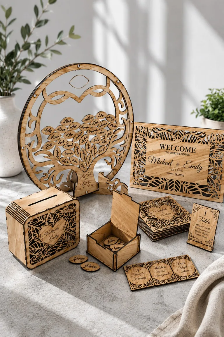 Wedding Set: Welcome Sign, Card Box and Tags — laser cut SVG file for wood