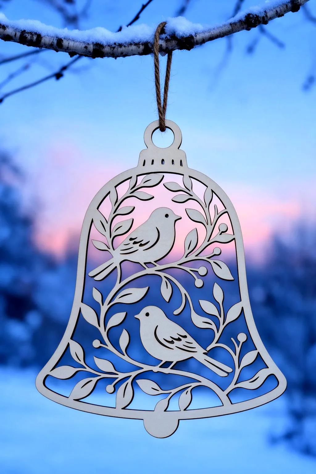 The laser cut bird bell ornament hanging from a snowy birch branch against a pink winter sunset sky, free download link at svgdiy.com