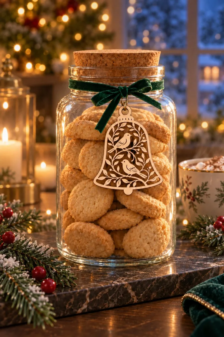 The laser cut bird bell ornament tied with a green velvet ribbon to a glass jar of shortbread cookies, free download link at svgdiy.com