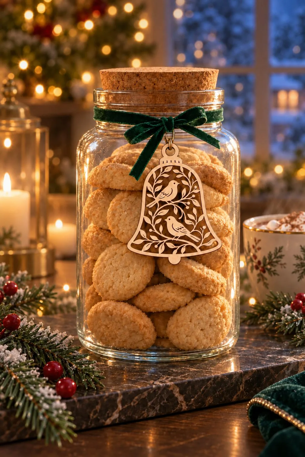The laser cut bird bell ornament tied with a green velvet ribbon to a glass jar of shortbread cookies, free download link at svgdiy.com