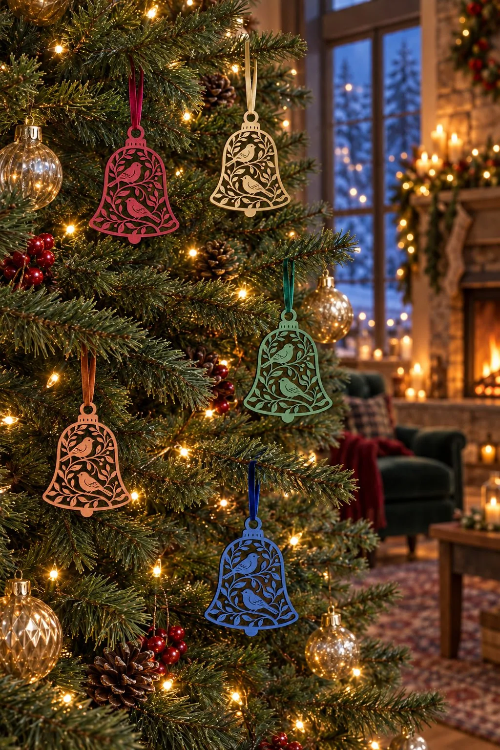 Five laser cut bird bell ornaments in red, cream, green, peach and blue hanging on ribbons on a lit Christmas tree in a cozy living room with a fireplace, free download link at svgdiy.com