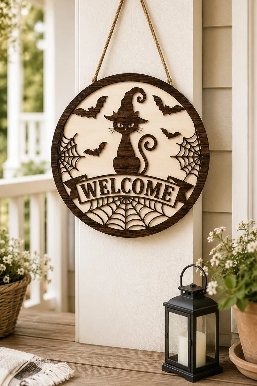 Black Cat Welcome Halloween Door Hanger — SVG laser cut file
