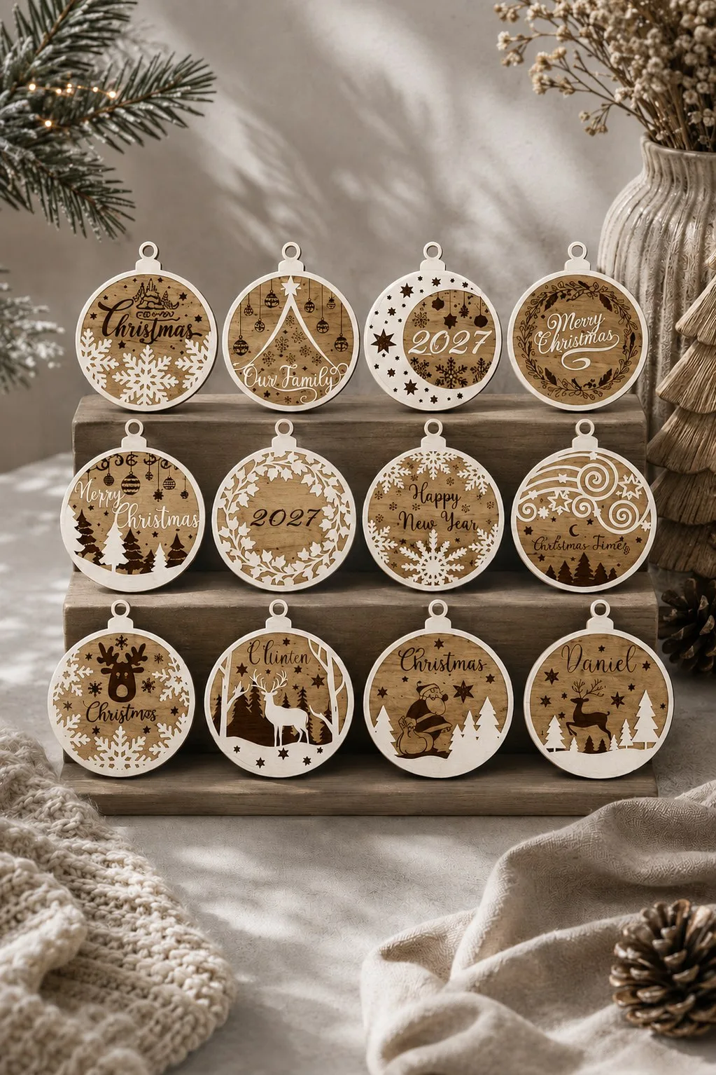 Twelve Engraved Christmas Baubles — SVG laser cut file