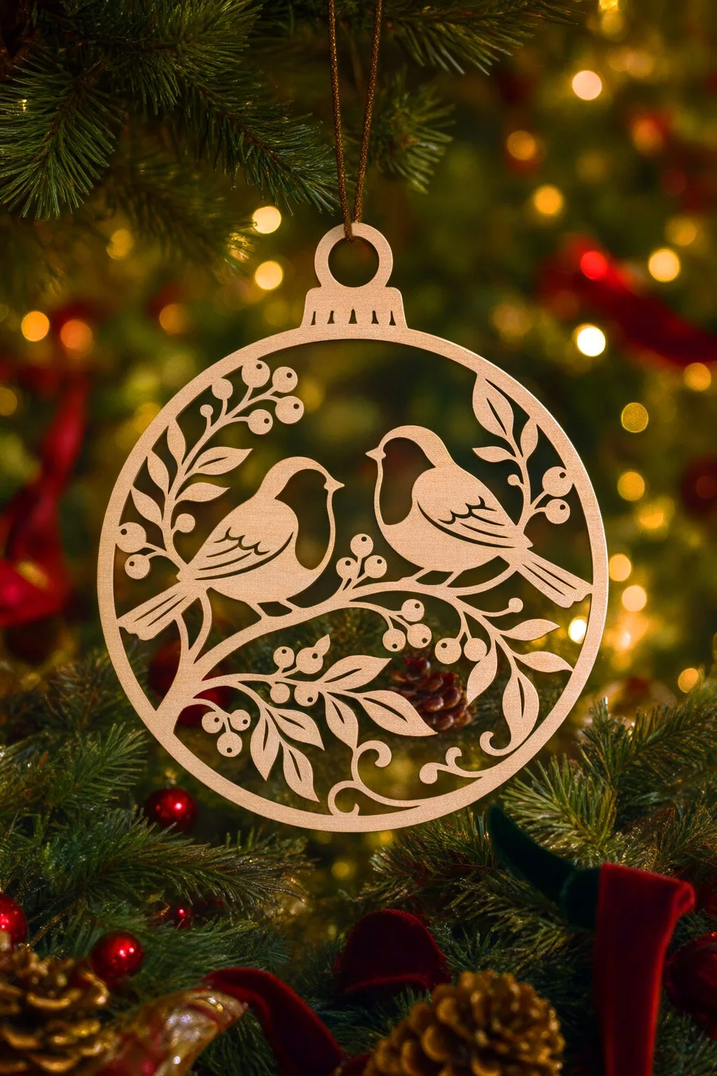 A natural plywood cardinal birds ornament hanging on a thin cord among the lights of a Christmas tree, free download link at svgdiy.com