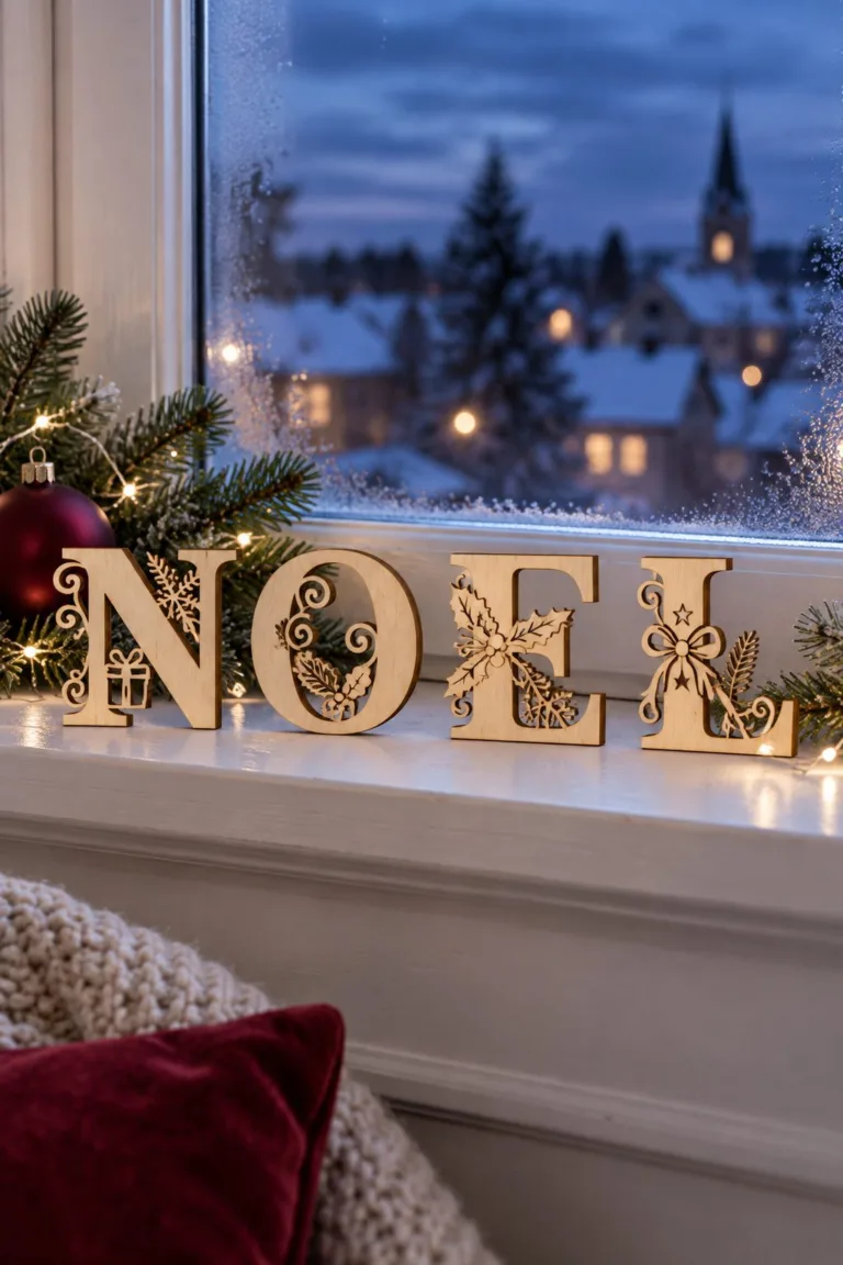 The letters N O E L standing on a frosty windowsill, free laser cut SVG from svgdiy.com