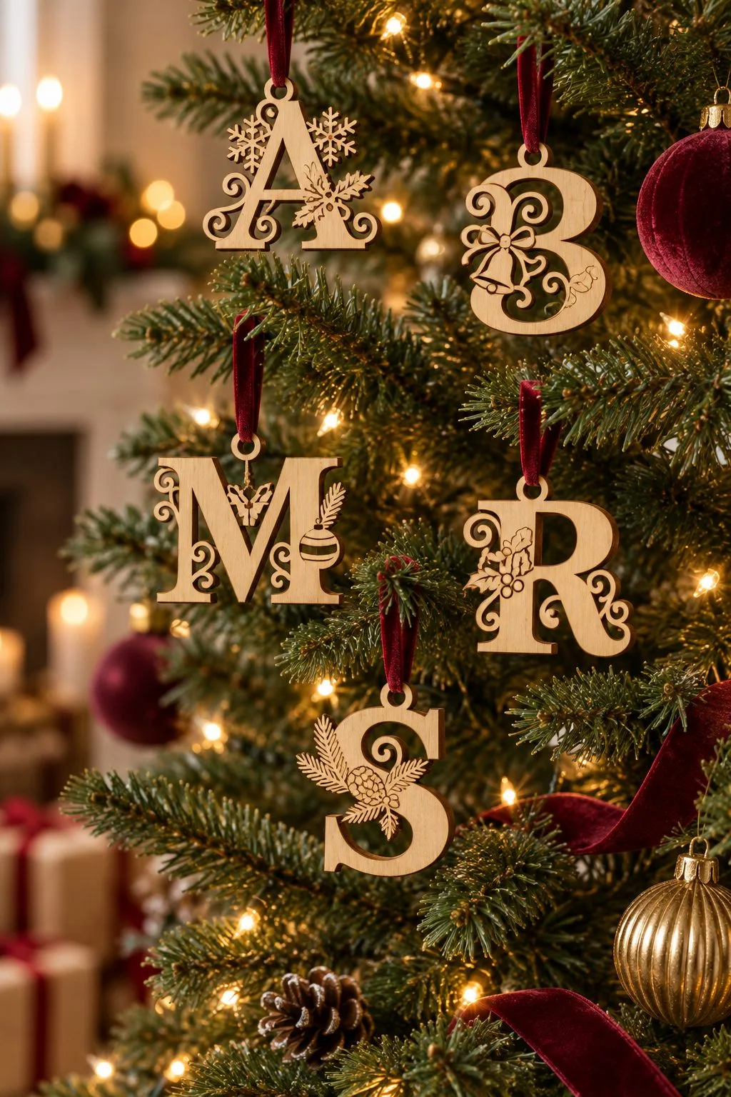 Christmas alphabet letters A, B, M, R and S hanging as ornaments on a Christmas tree, free laser cut SVG from svgdiy.com