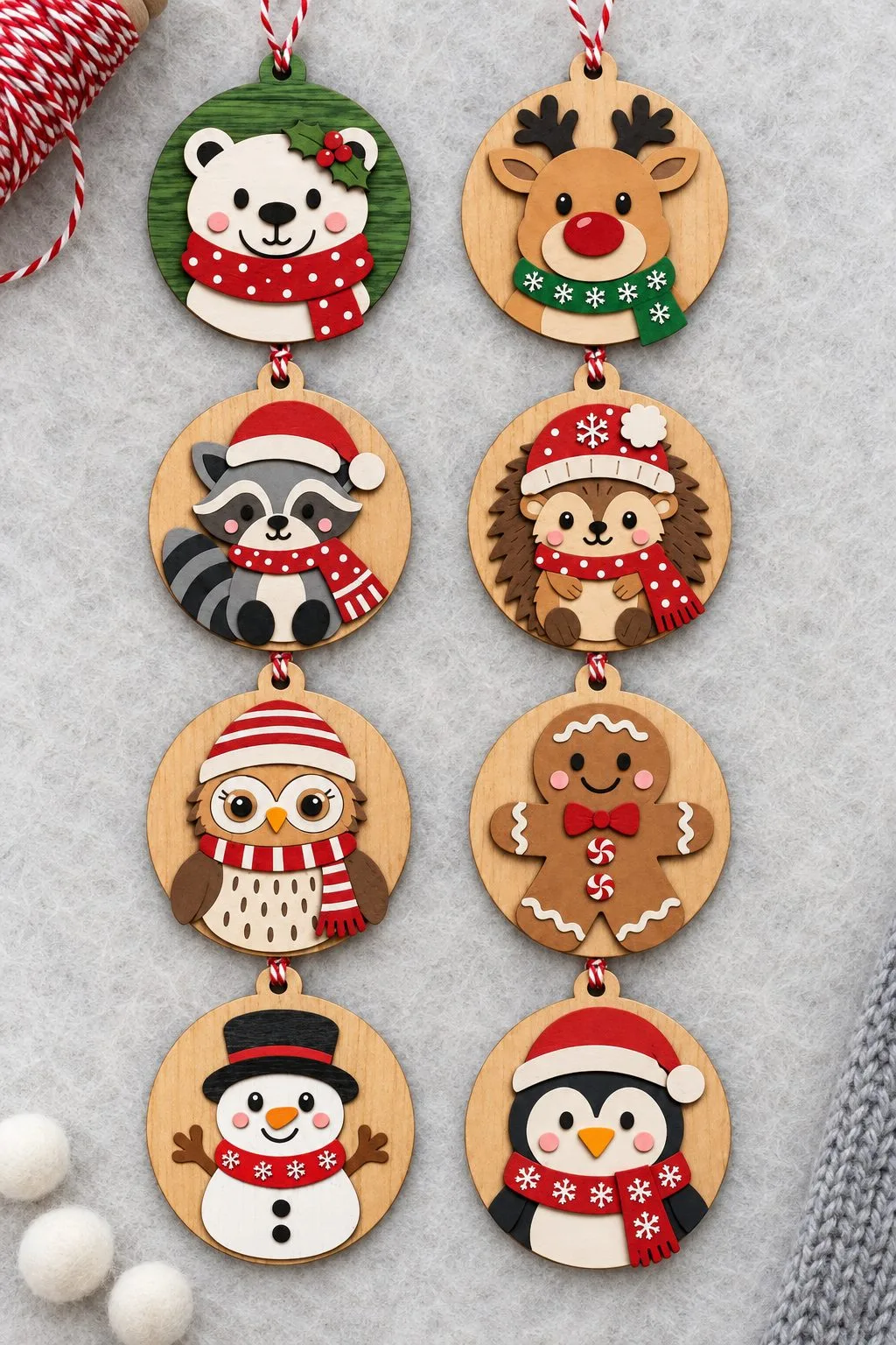 Eight round Christmas character ornaments with a bear, a reindeer, a raccoon, a hedgehog, an owl, a gingerbread man, a snowman and a penguin, free laser cut SVG from svgdiy.com