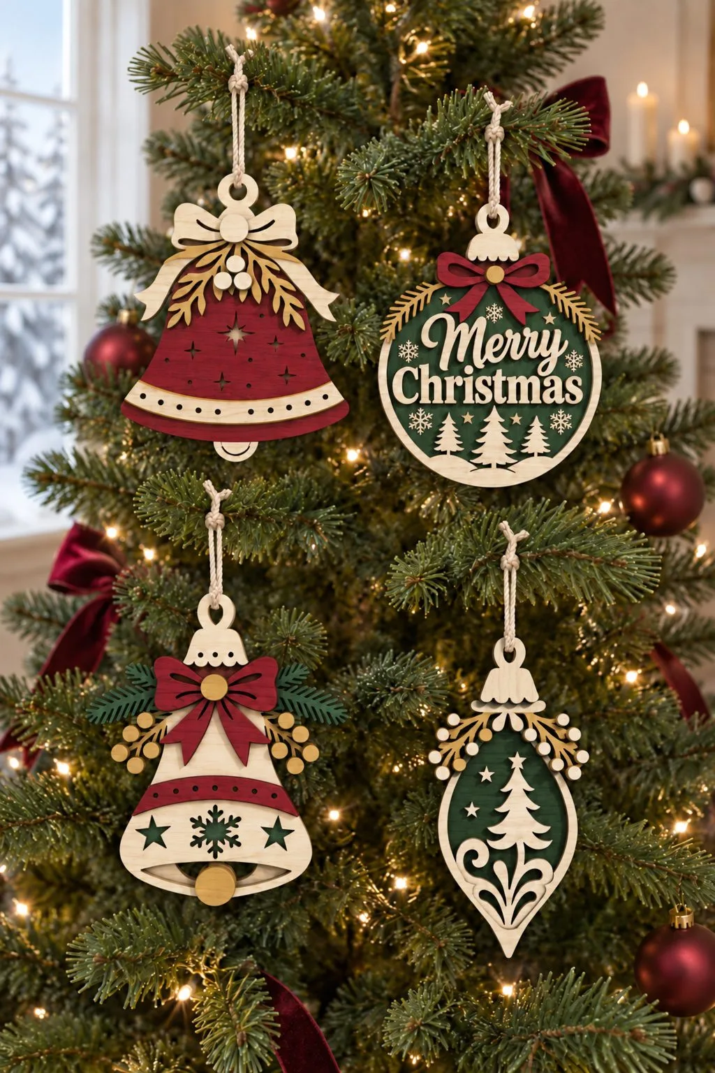 The same four bell ornaments in a finished version on a Christmas tree, free laser cut SVG from svgdiy.com