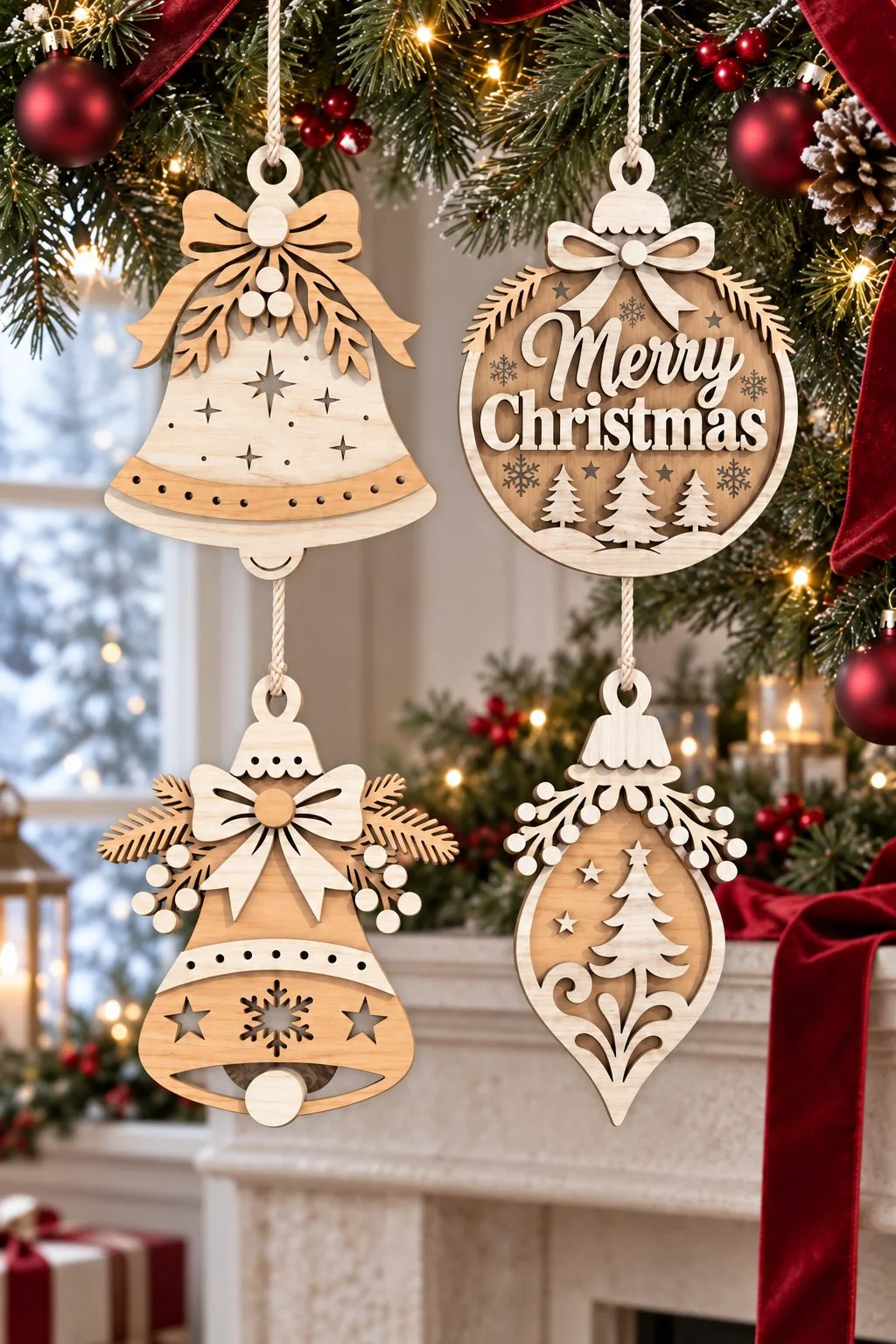 The four bell ornaments in natural wood hanging in front of a fireplace, free laser cut SVG from svgdiy.com