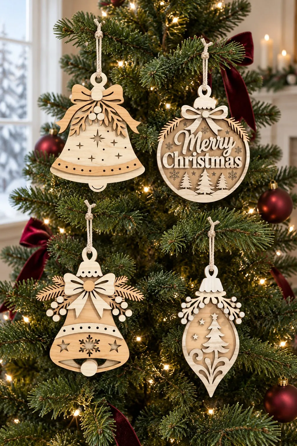 The layered bell ornaments in natural wood on a lit Christmas tree, free laser cut SVG from svgdiy.com