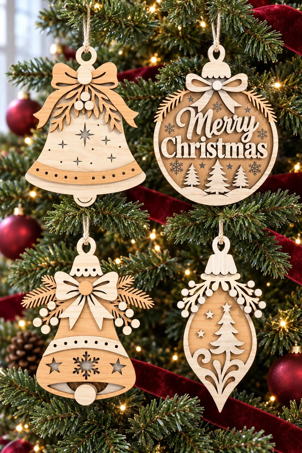 The layered bell ornaments hanging on a lit Christmas tree by a window, free laser cut SVG from svgdiy.com