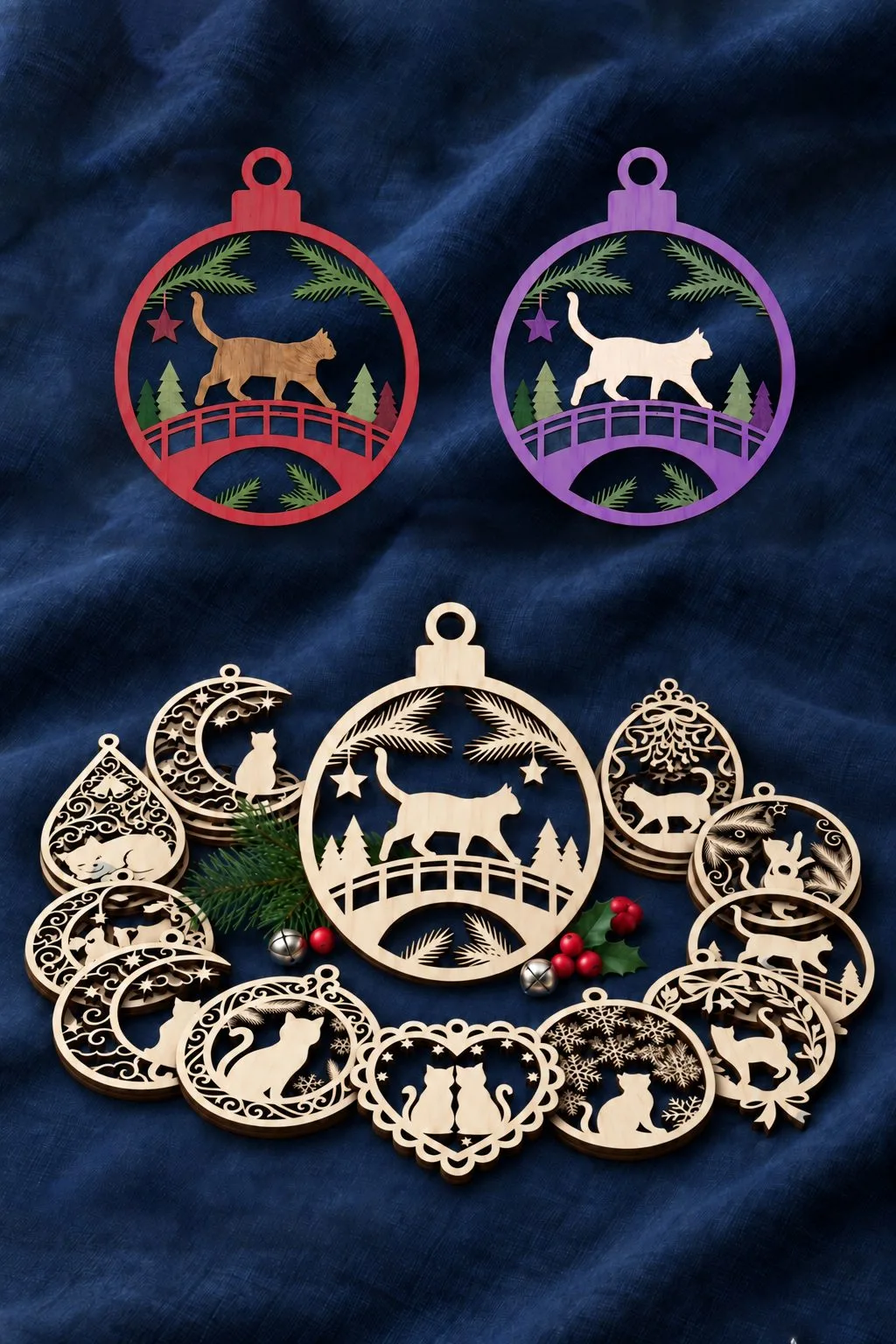 Christmas Cat Ornament Bundle — SVG laser cut file