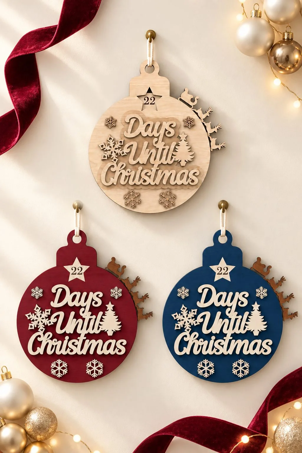 Three wooden Days Until Christmas countdown baubles in natural, red and blue with snowflakes and a reindeer sleigh, free laser cut SVG from svgdiy.com