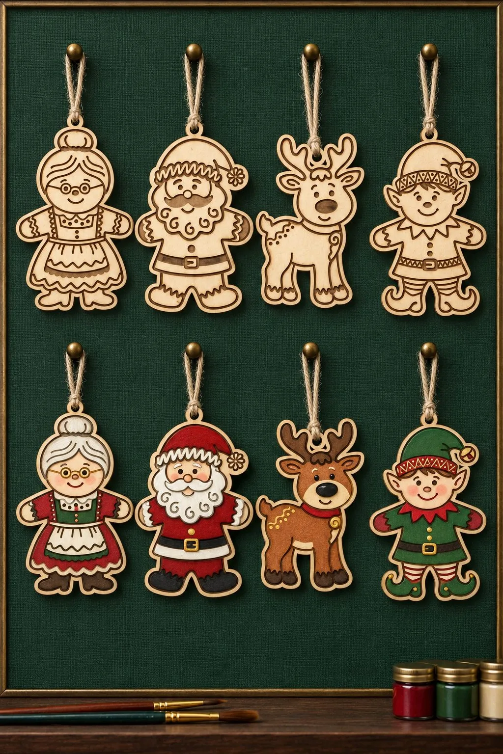 The same four gingerbread characters shown both as plain engraved wood and finished, free laser cut SVG from svgdiy.com