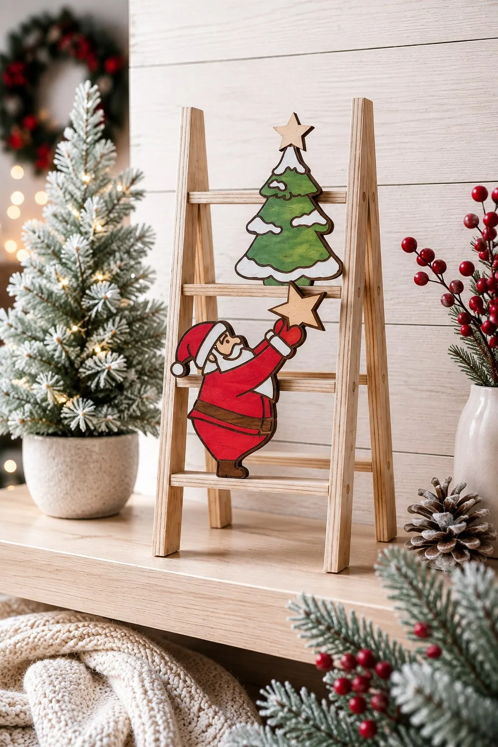 Wooden mini ladder with a painted Christmas tree on top and Santa climbing the rungs with a star, free laser cut SVG from svgdiy.com