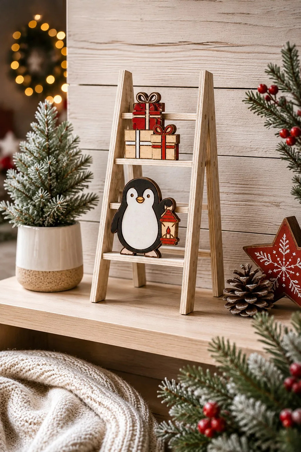 Wooden mini ladder with stacked presents on the top rung and a penguin holding a lantern below, free laser cut SVG from svgdiy.com