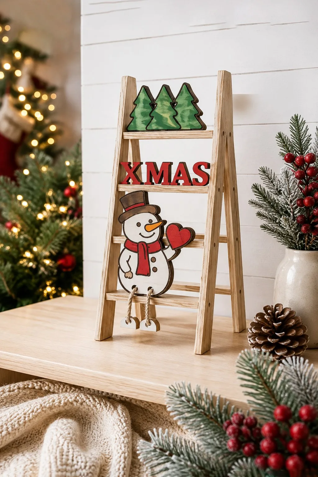 Wooden mini ladder with a row of pines, an XMAS sign and a snowman holding a red heart, free laser cut SVG from svgdiy.com
