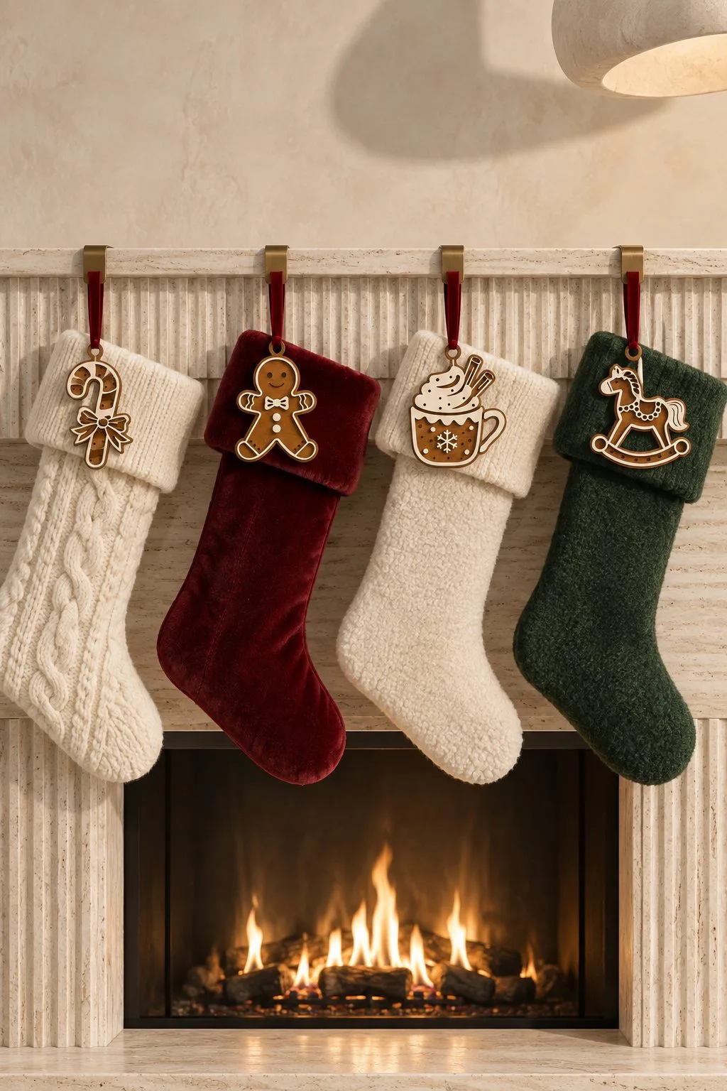 The same ornaments hanging on Christmas stockings above a fireplace, free laser cut SVG from svgdiy.com