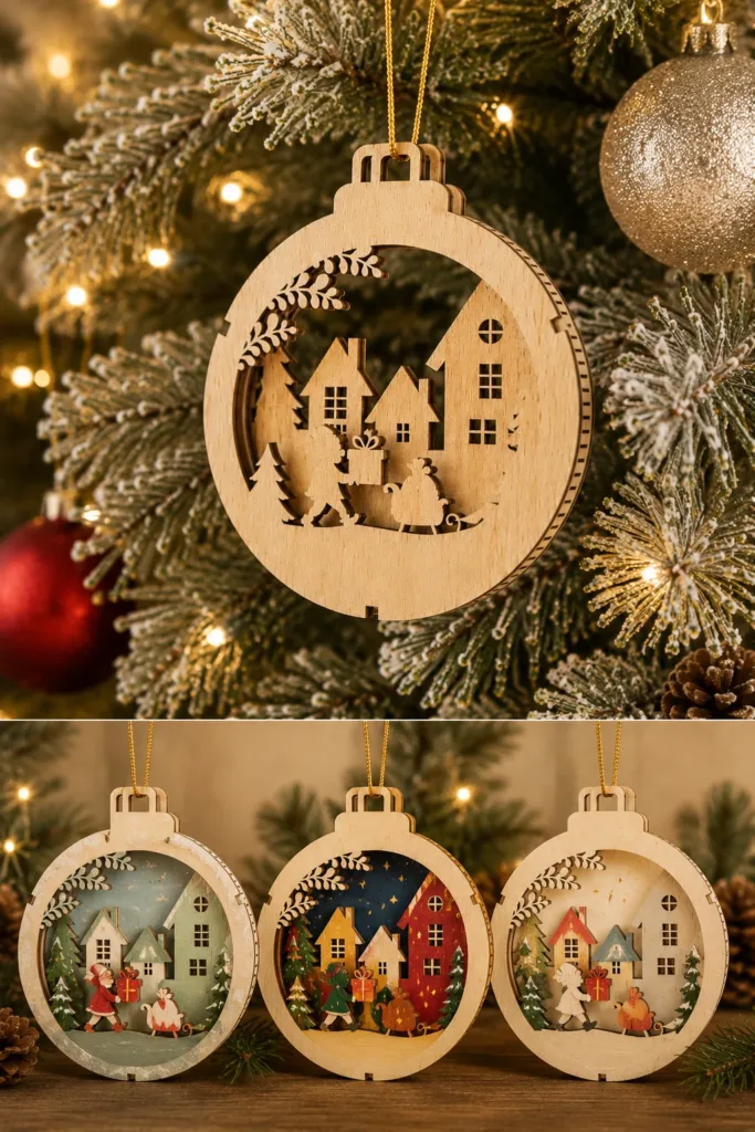 A layered wooden round ornament with a Christmas village scene, shown bare and painted in three colour schemes, free laser cut SVG from svgdiy.com