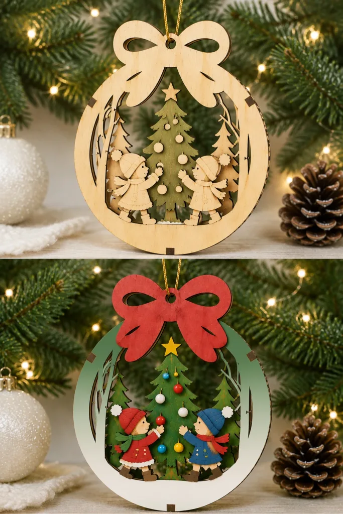 A wooden round ornament with two children decorating a Christmas tree under a big bow, shown bare and painted, free laser cut SVG from svgdiy.com