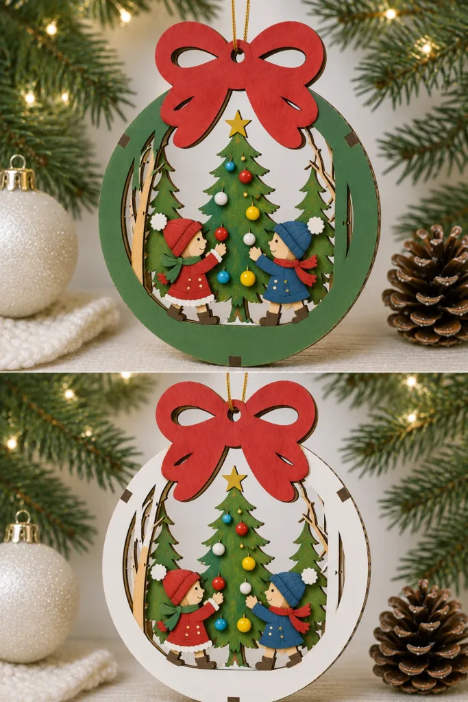 Two painted wooden round ornaments with children decorating a Christmas tree under a red bow, in a green and a white frame, free laser cut SVG from svgdiy.com