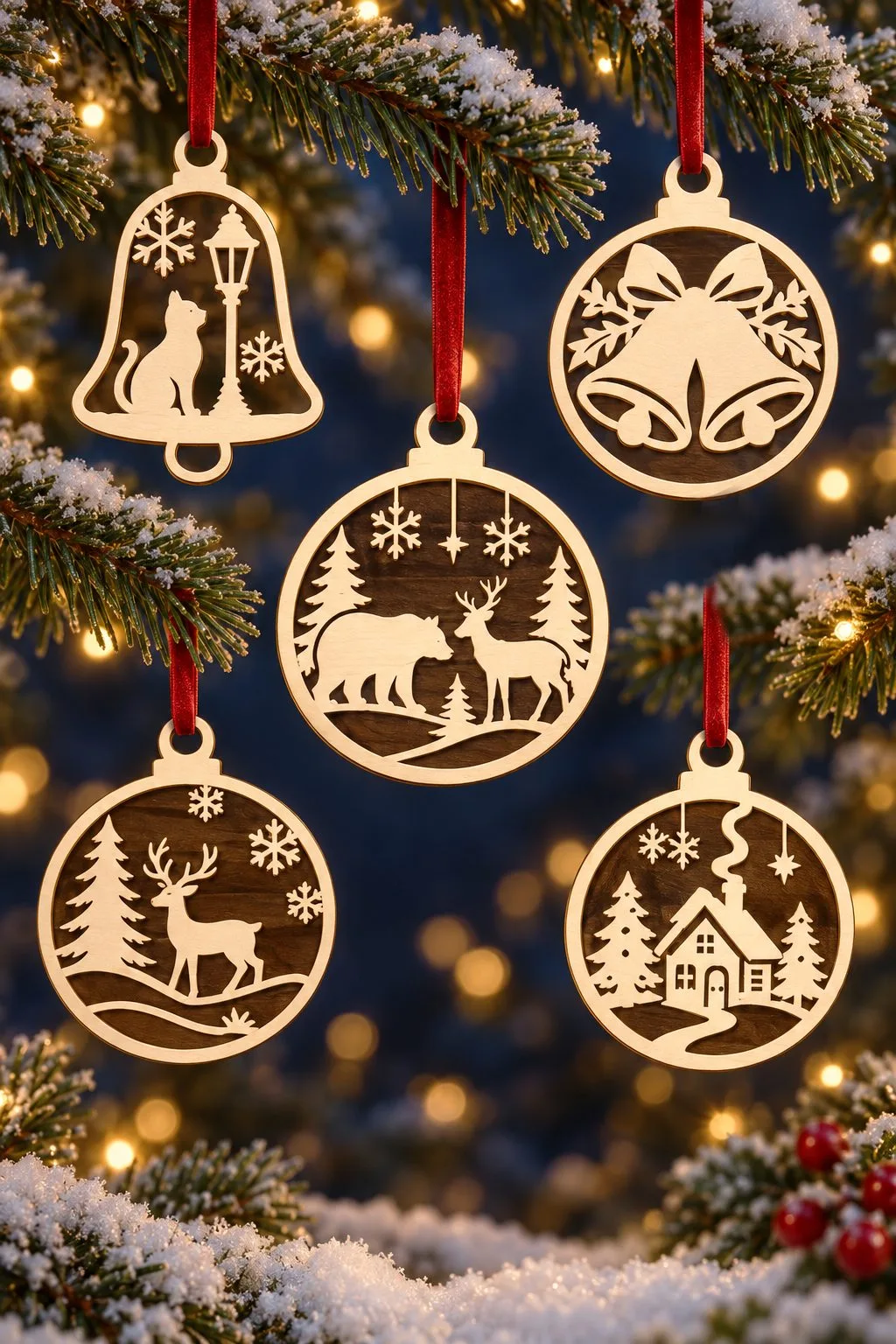 Laser cut wooden ornaments with a cat under a street lamp, bells with a bow, a bear and a deer in the forest, a deer in a snowy landscape and a cottage hanging on a lit Christmas tree, free download link at svgdiy.com