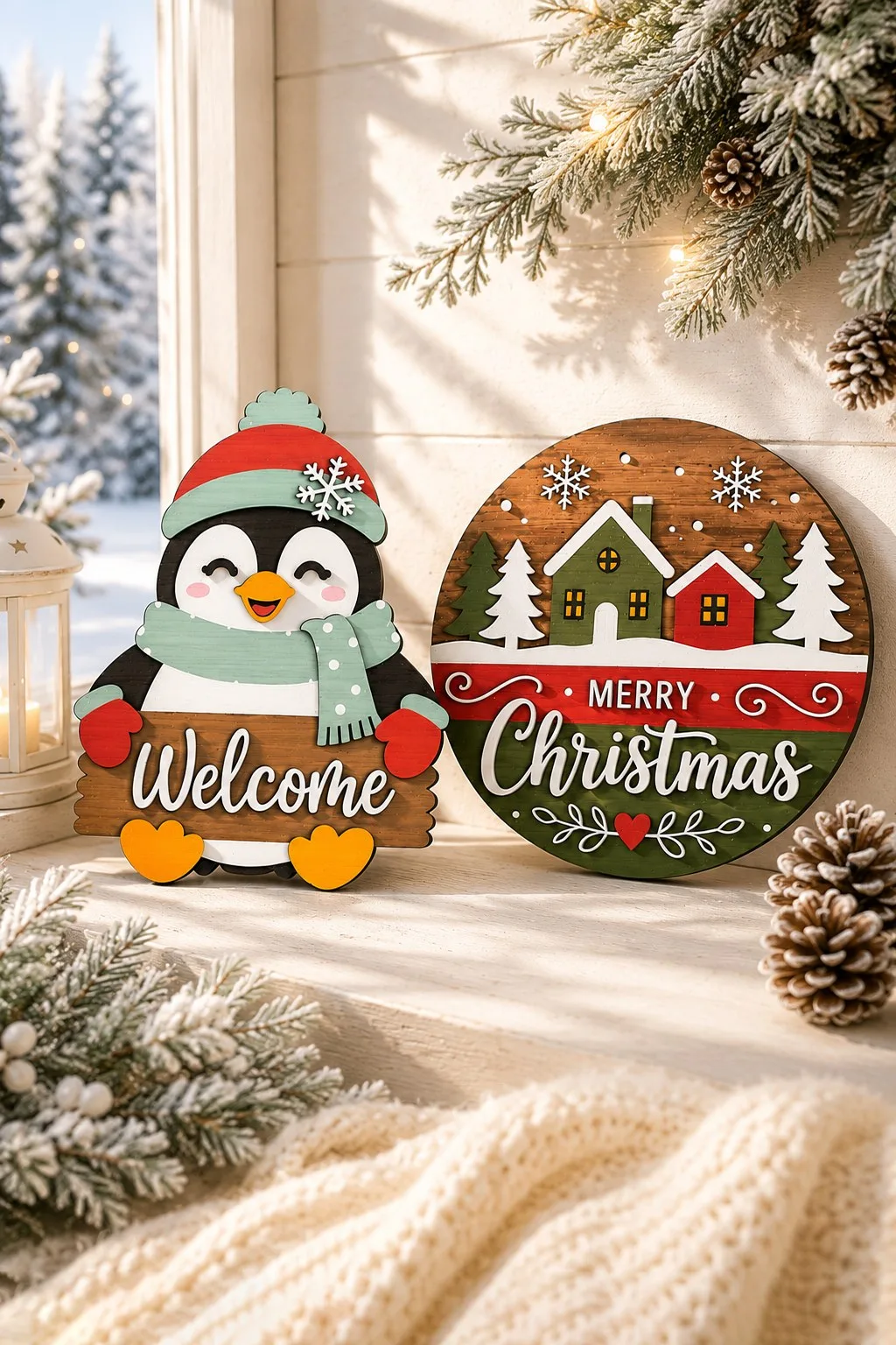 Penguin Welcome Sign and Christmas Round — SVG laser cut file