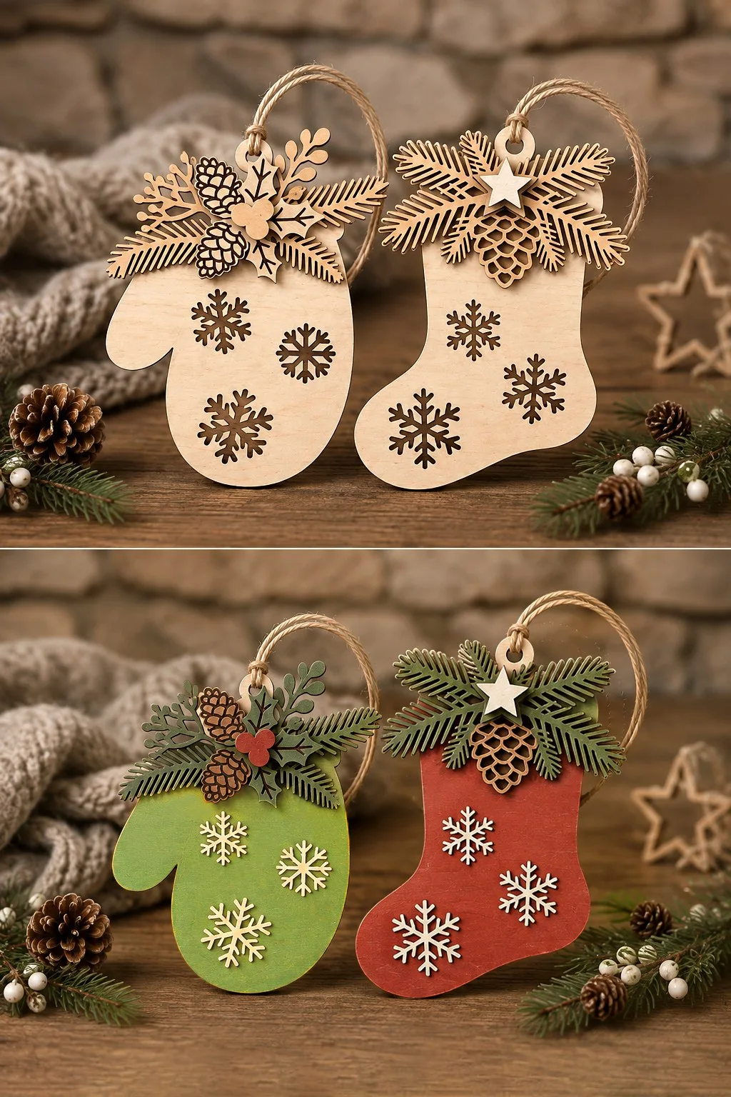 Mitten and Stocking Ornaments With Snowflakes — SVG laser cut file