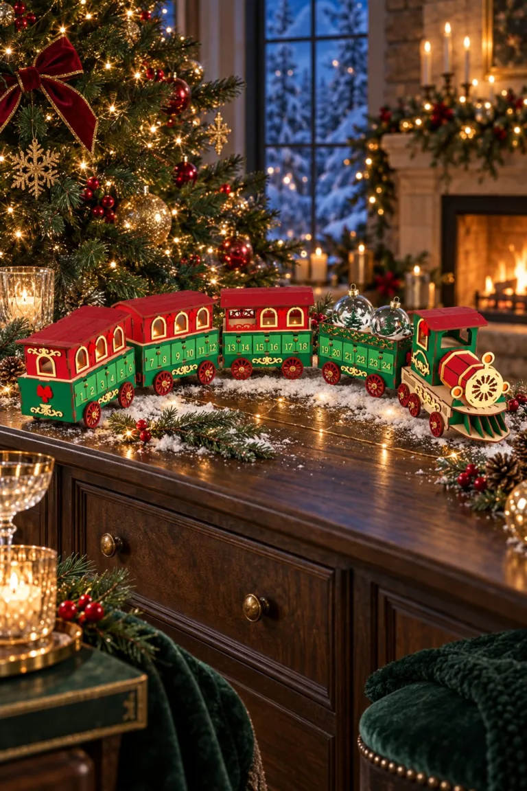 The laser cut Christmas train advent calendar running along a dark wooden sideboard with candles, fir garland and a fireplace behind, free download link at svgdiy.com