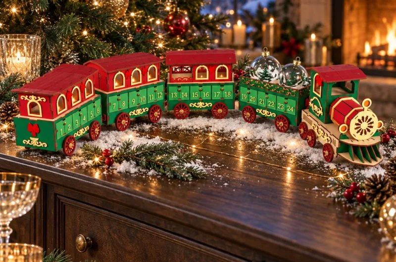The laser cut Christmas train advent calendar running along a dark wooden sideboard with candles, fir garland and a fireplace behind, free download link at svgdiy.com