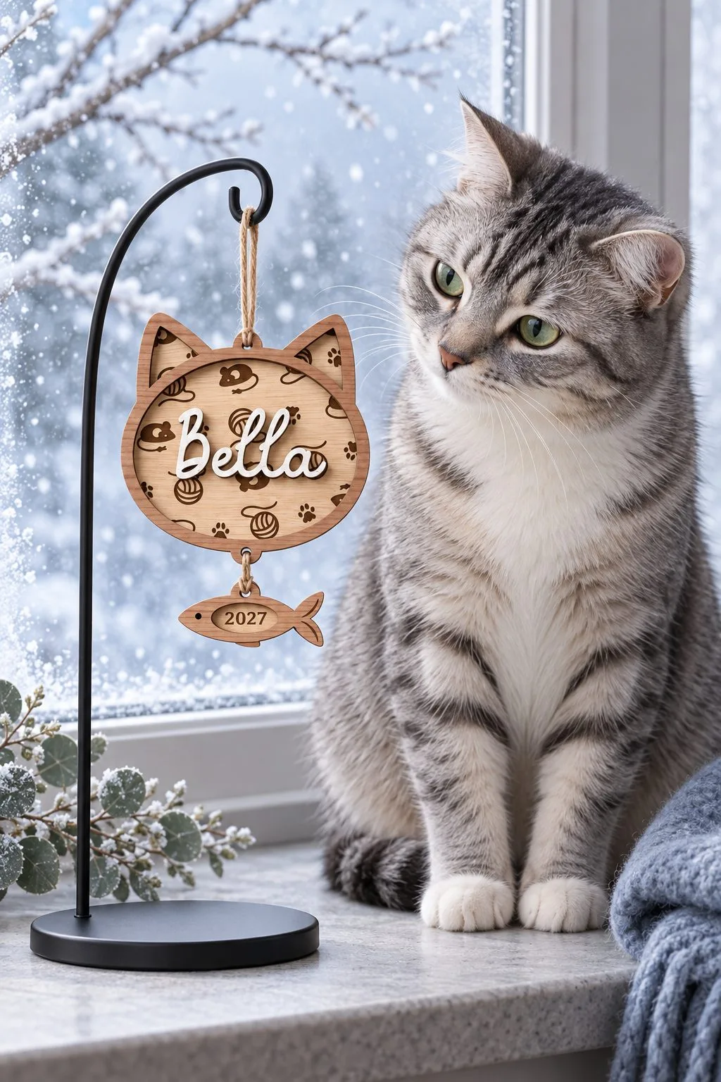 A cat-shaped wooden ornament with the name Bella and a little fish tag with the year, hanging on a stand, free personalized laser cut SVG from svgdiy.com