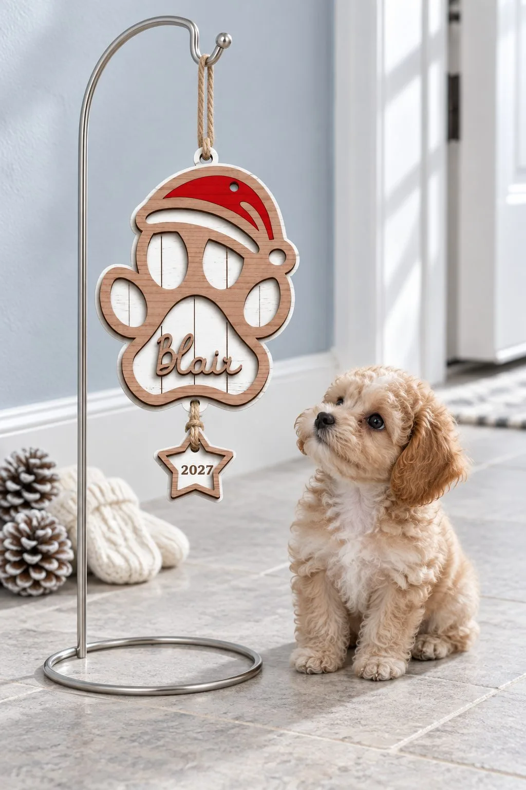 A wooden paw-shaped ornament in a Santa hat with the name Blair and a star tag with the year, free personalized laser cut SVG from svgdiy.com