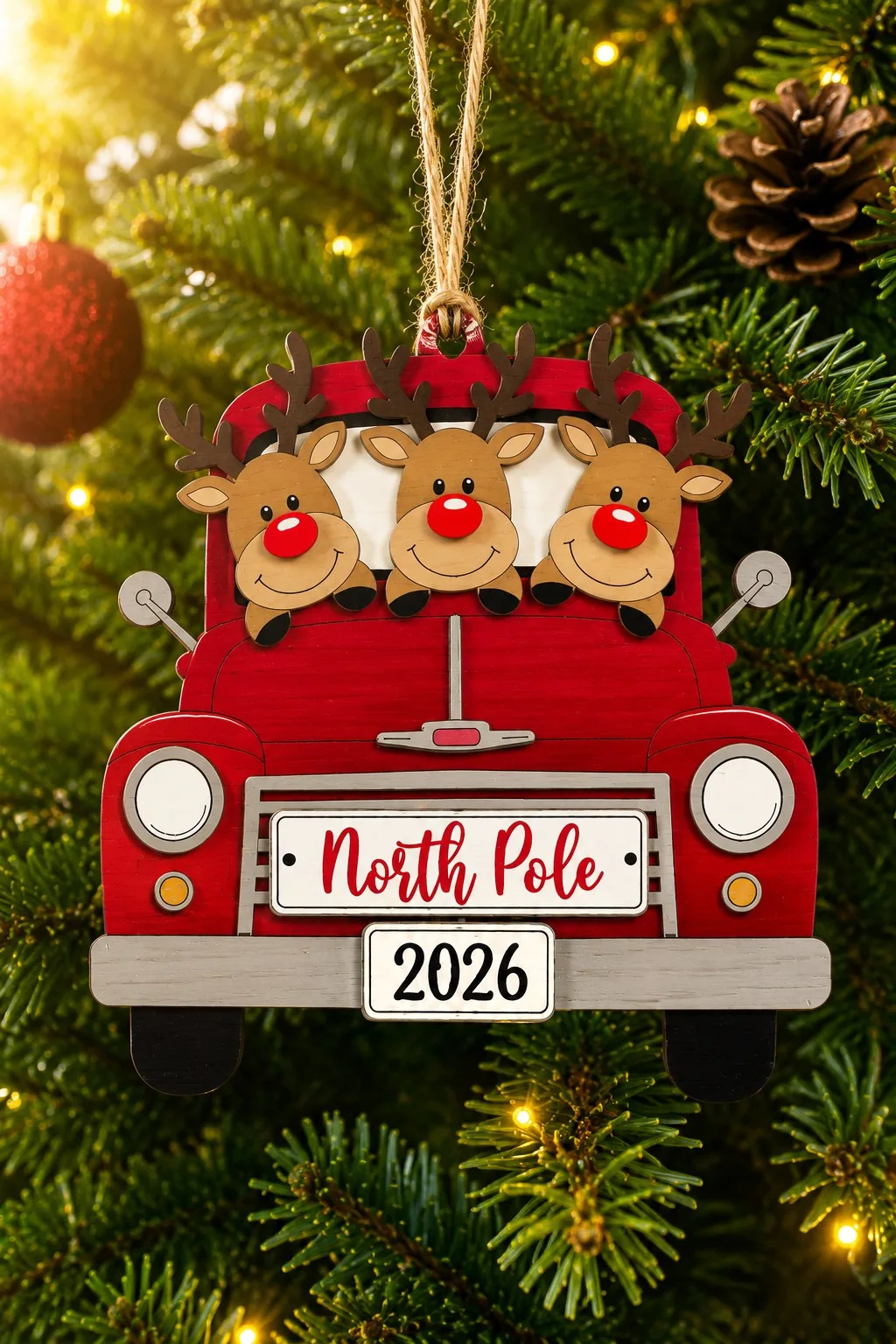 Red layered wooden truck ornament with three reindeer in the cab and a North Pole number plate, hanging on a Christmas tree, free laser cut SVG from svgdiy.com