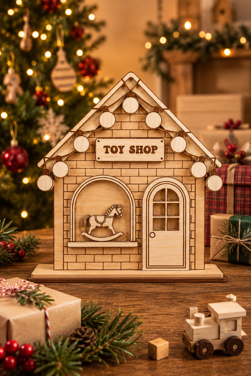 Wooden Toy Shop Christmas village house front with engraved bricks, a rocking horse in the window and round bulbs along the roof, free laser cut SVG from svgdiy.com