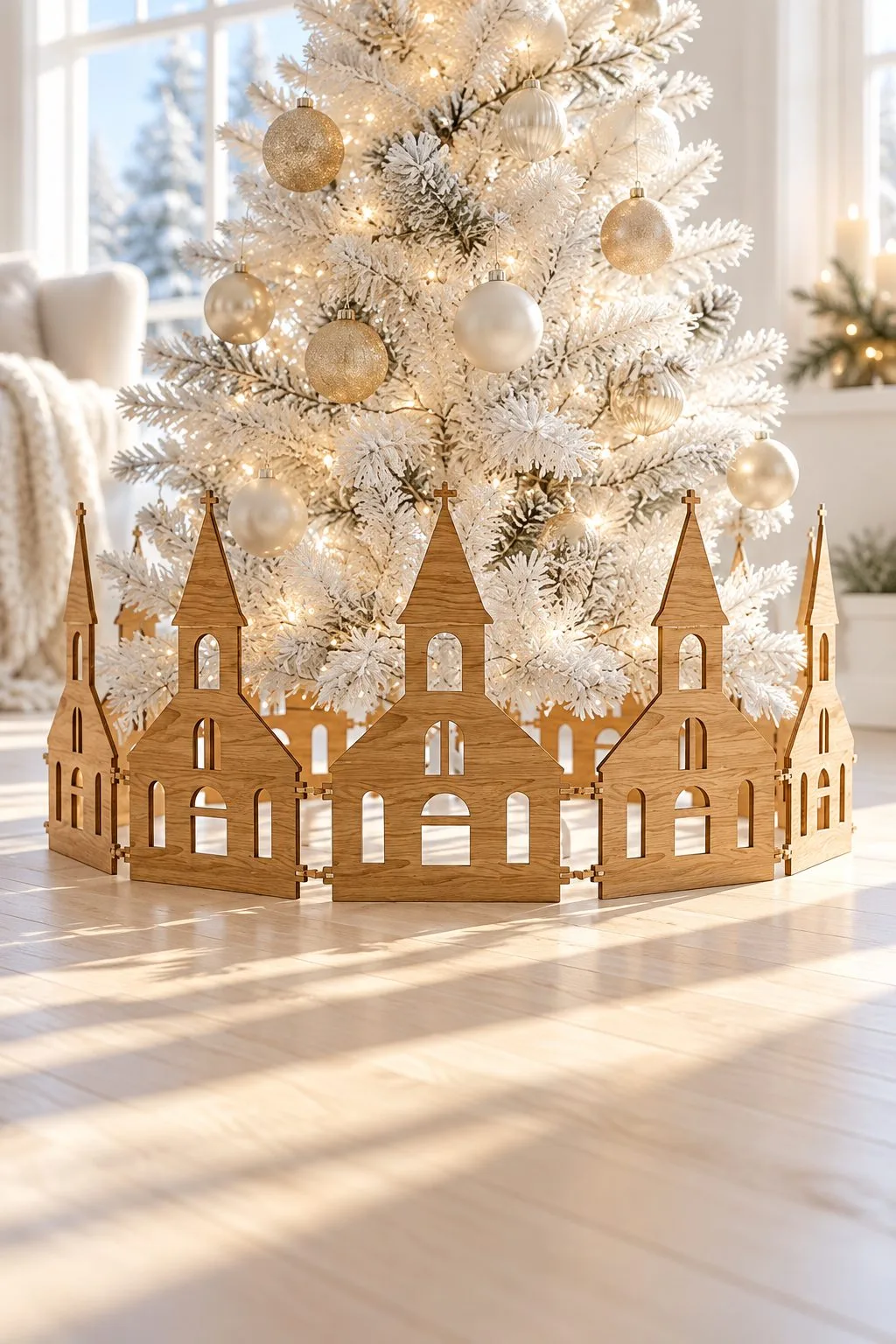 The laser cut Christmas village with church spires and arched windows around a white flocked Christmas tree in a bright sunny room, free download link at svgdiy.com