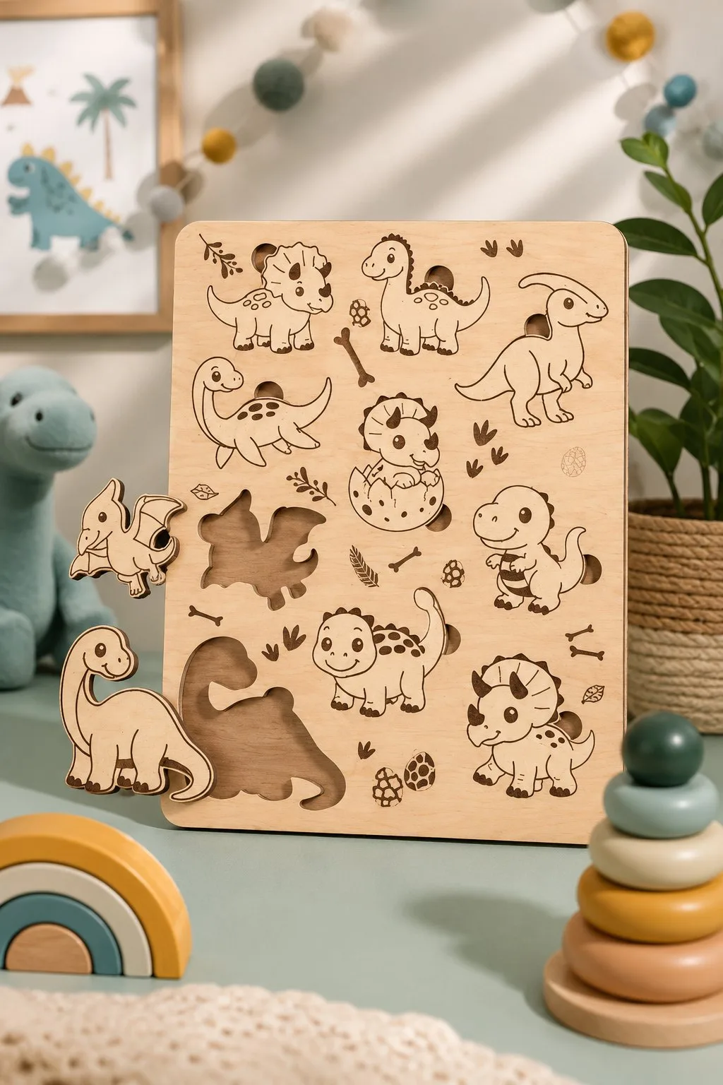 Dinosaur Puzzle Board for Toddlers Template — SVG laser cut file