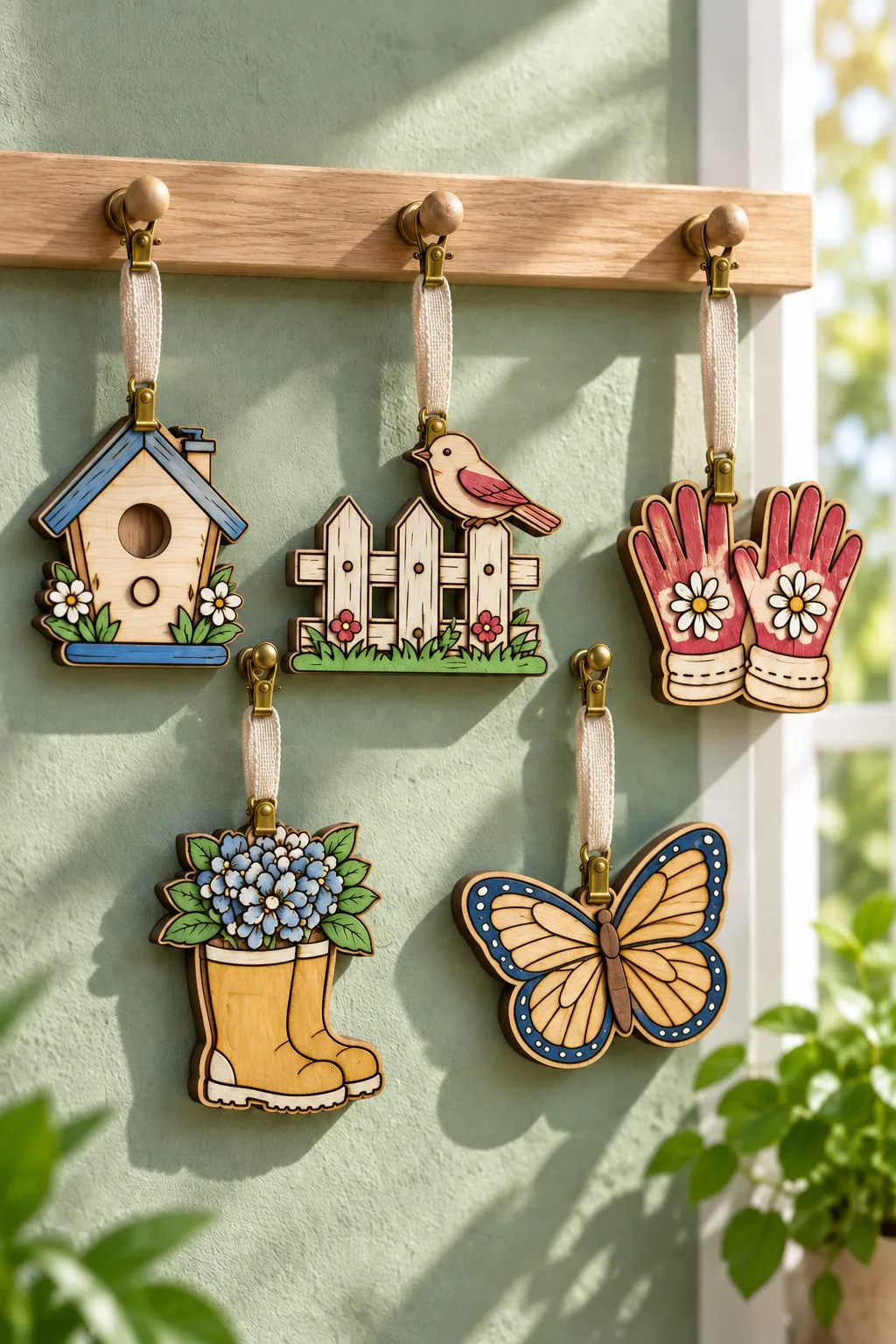 The garden designs hanging as small ornaments from a peg rail, free laser cut SVG from svgdiy.com