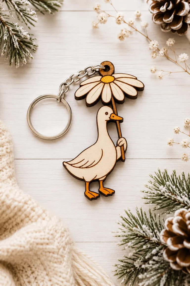 Duck Keychain With a Daisy Umbrella — laser cut SVG file for wood