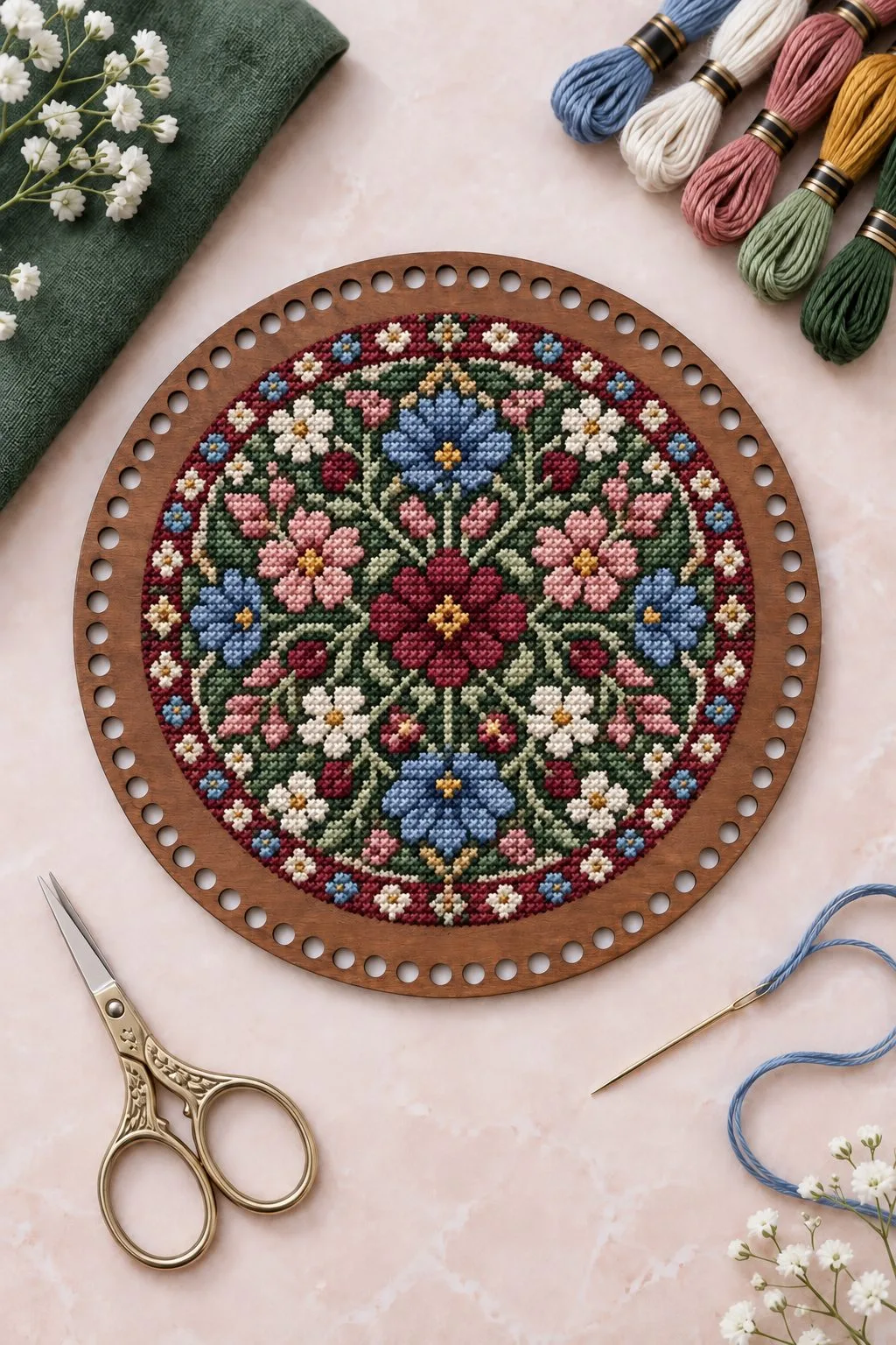 The wooden cross stitch base with a floral pattern stitched through its grid of holes, free laser cut SVG from svgdiy.com
