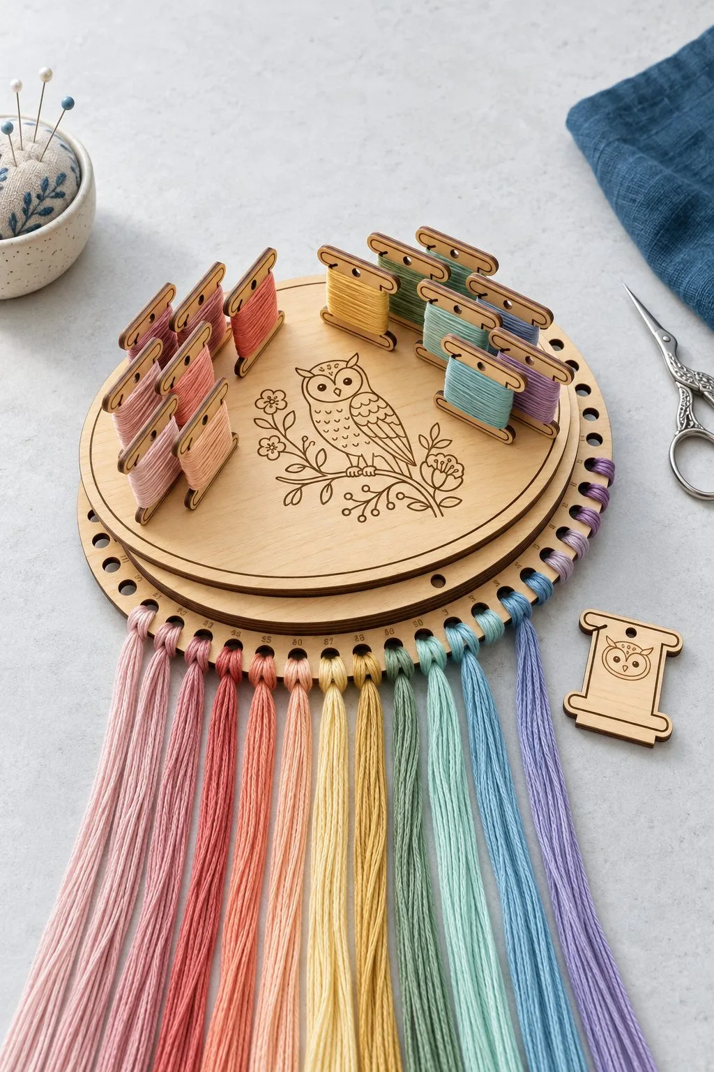 A round wooden embroidery floss drop with an engraved owl and bobbins, free laser cut SVG from svgdiy.com